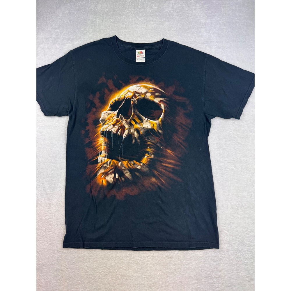 Fruit of the Loom HD Cotton Screaming Skull Fire Graphic T-Shirt Black Mens M